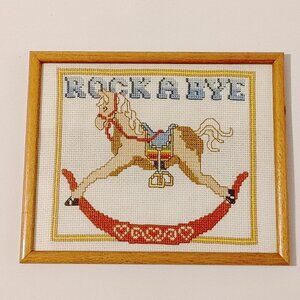 ADORABLE ROCK A BYE BABY Rocking Horse Cross Stitch Decor in Frame Nursery Art